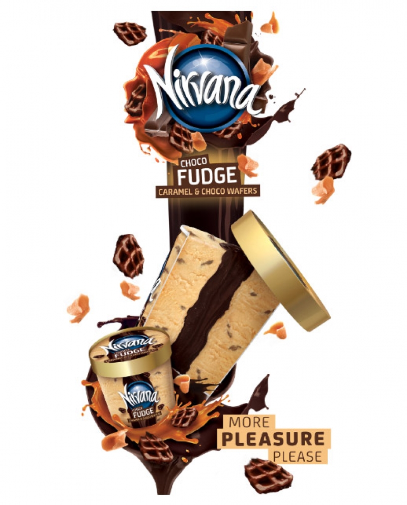 Nirvana Choco Fudge Caramel &amp; Choco Wafer într-un nou pachet pentru întreaga  familie 0.85L pentru mai multă plăcere!